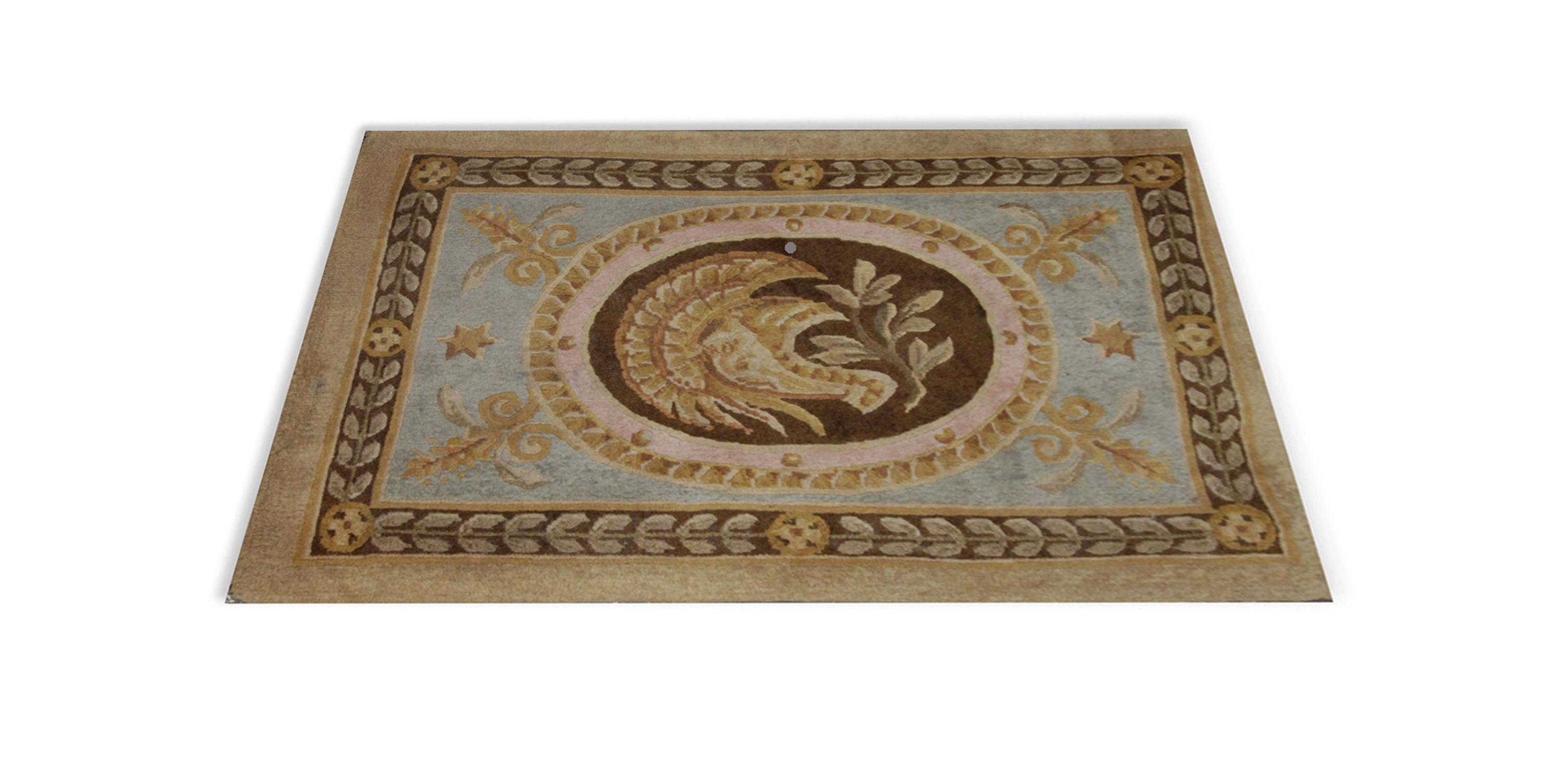This handmade carpet French-style handwoven rug makes a wonderful housewarming gift, wedding gift or Christmas gift. The Savonnerie rug is one of the most prestigious European knotted pile rugs constructed with wool and cotton. The originality of