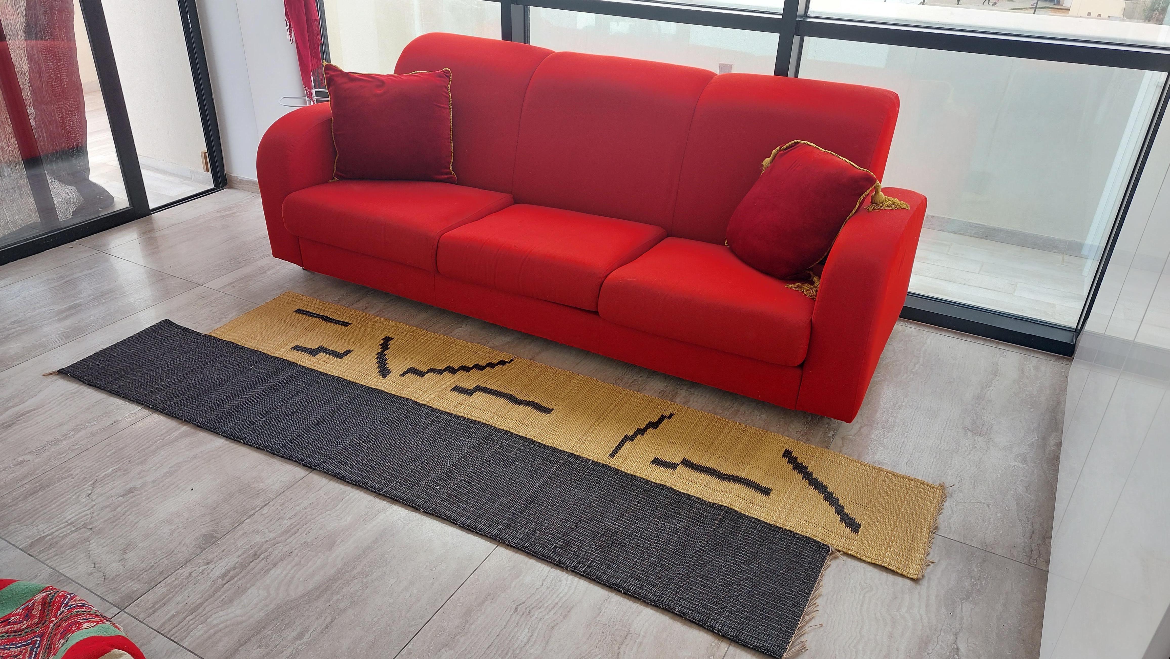 Modern Handwoven Runner Rug in Natural Fiber with Black Pattern in Stock For Sale