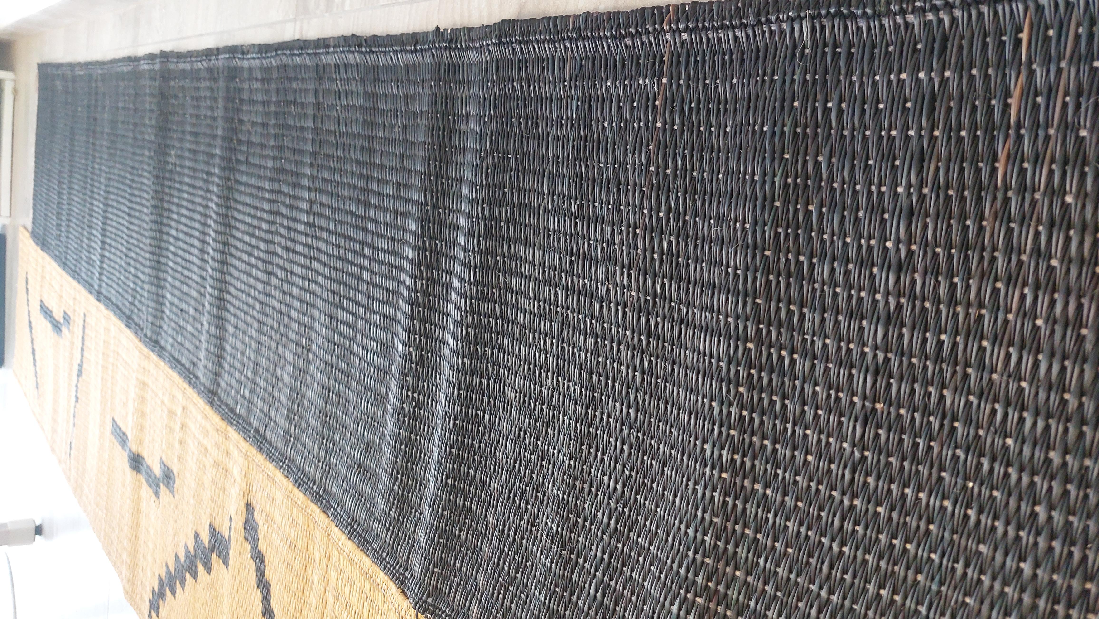 Tunisian Handwoven Runner Rug in Natural Fiber with Black Pattern in Stock For Sale