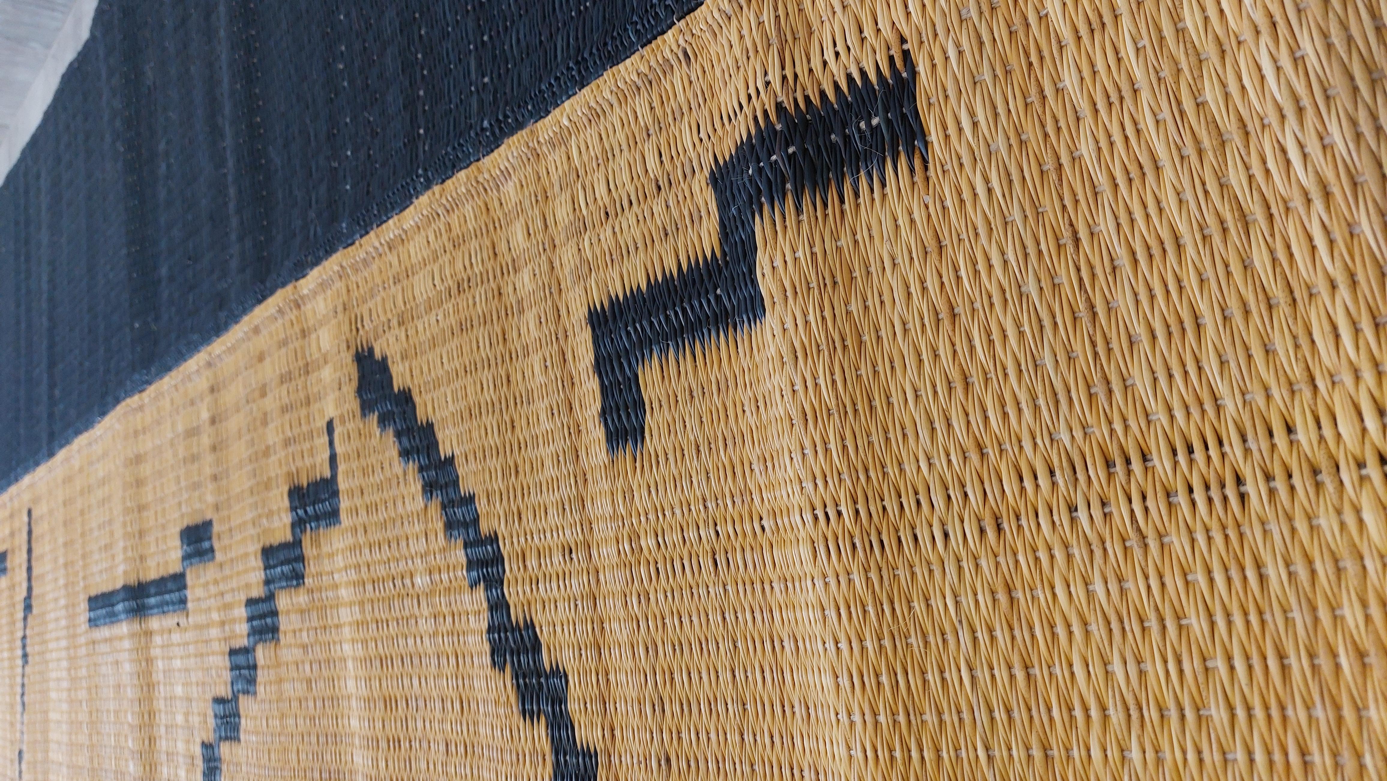 Hand-Crafted Handwoven Runner Rug in Natural Fiber with Black Pattern in Stock For Sale