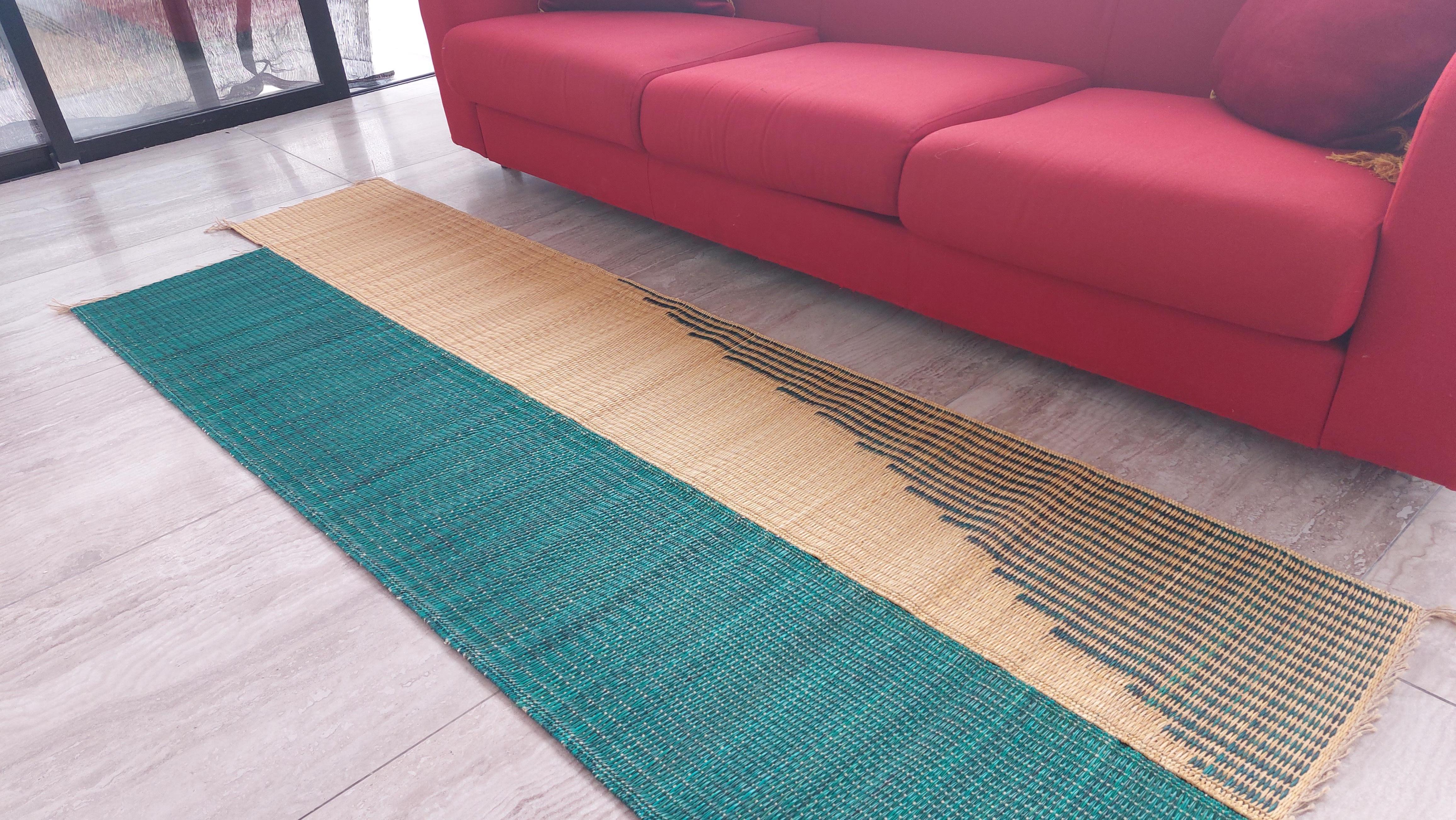 Tunisian Handwoven Runner Rug in Natural Fiber with Green Pattern for Modern Decor For Sale