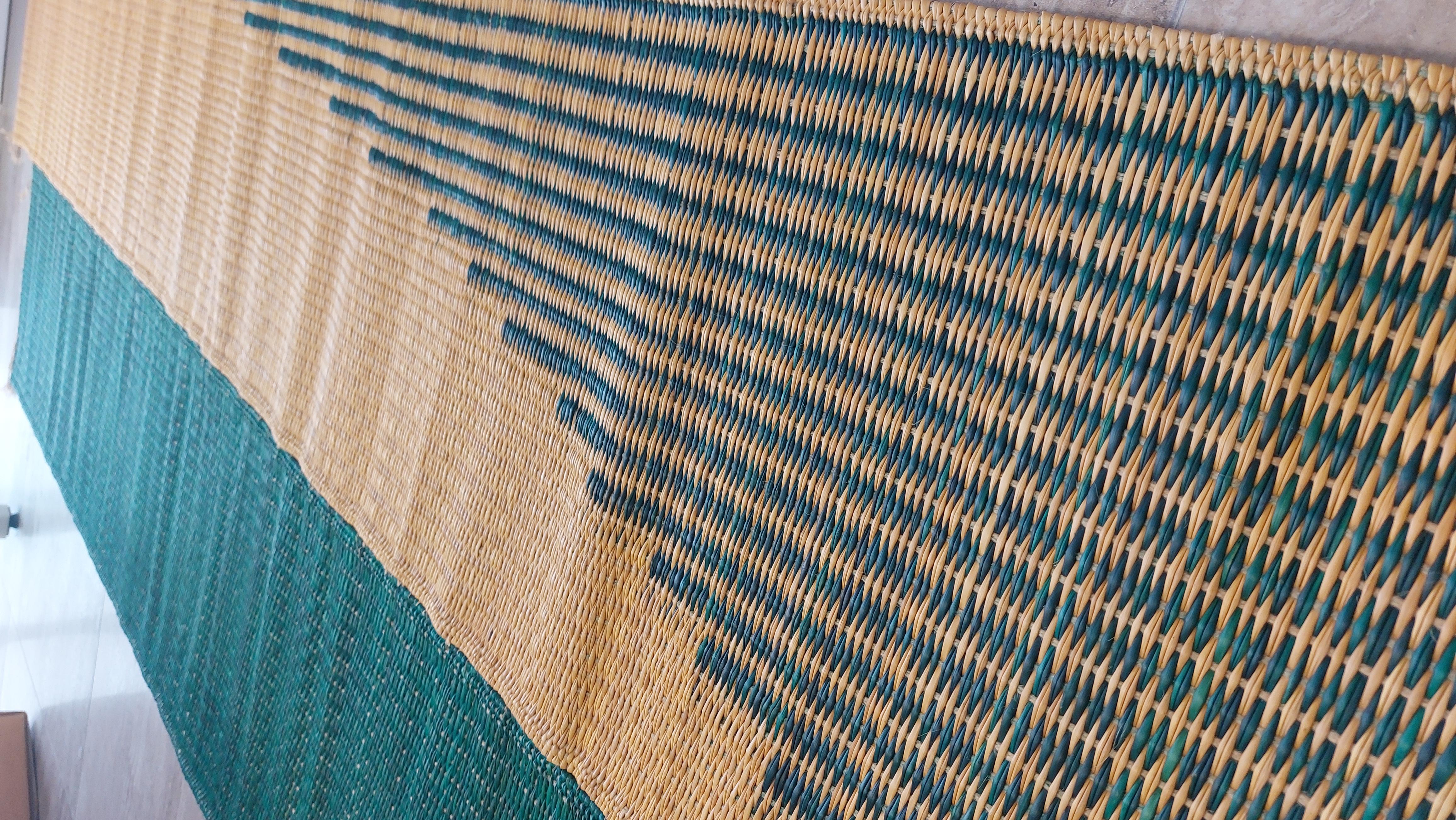 Hand-Crafted Handwoven Runner Rug in Natural Fiber with Green Pattern for Modern Decor For Sale