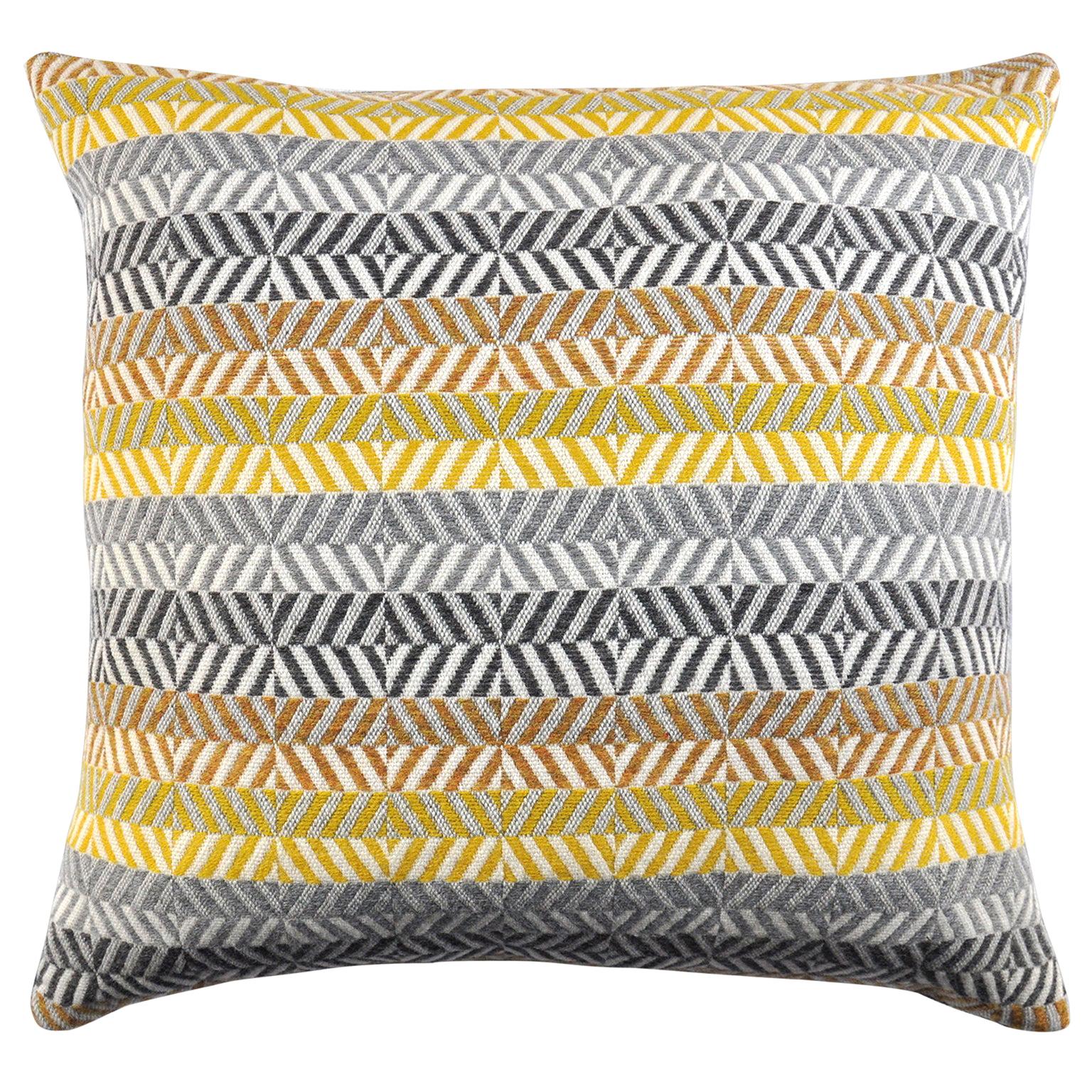 Cuscino in lana merino a righe geometriche intrecciate a mano, giallo grigio neutro