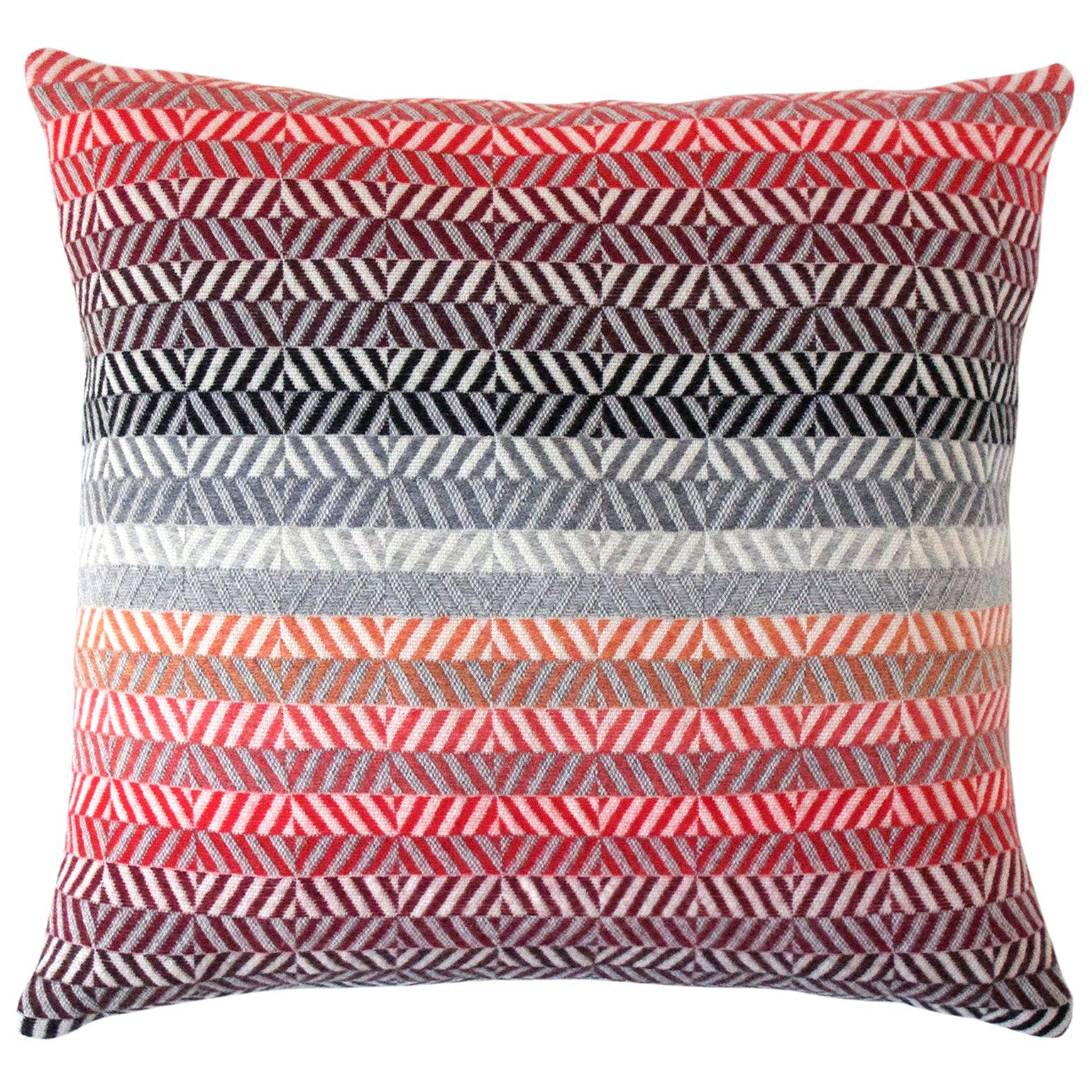 Handwoven 'Saint Gilles' Merino Wool Cushion Pillow, Red/Pink/Greys For Sale