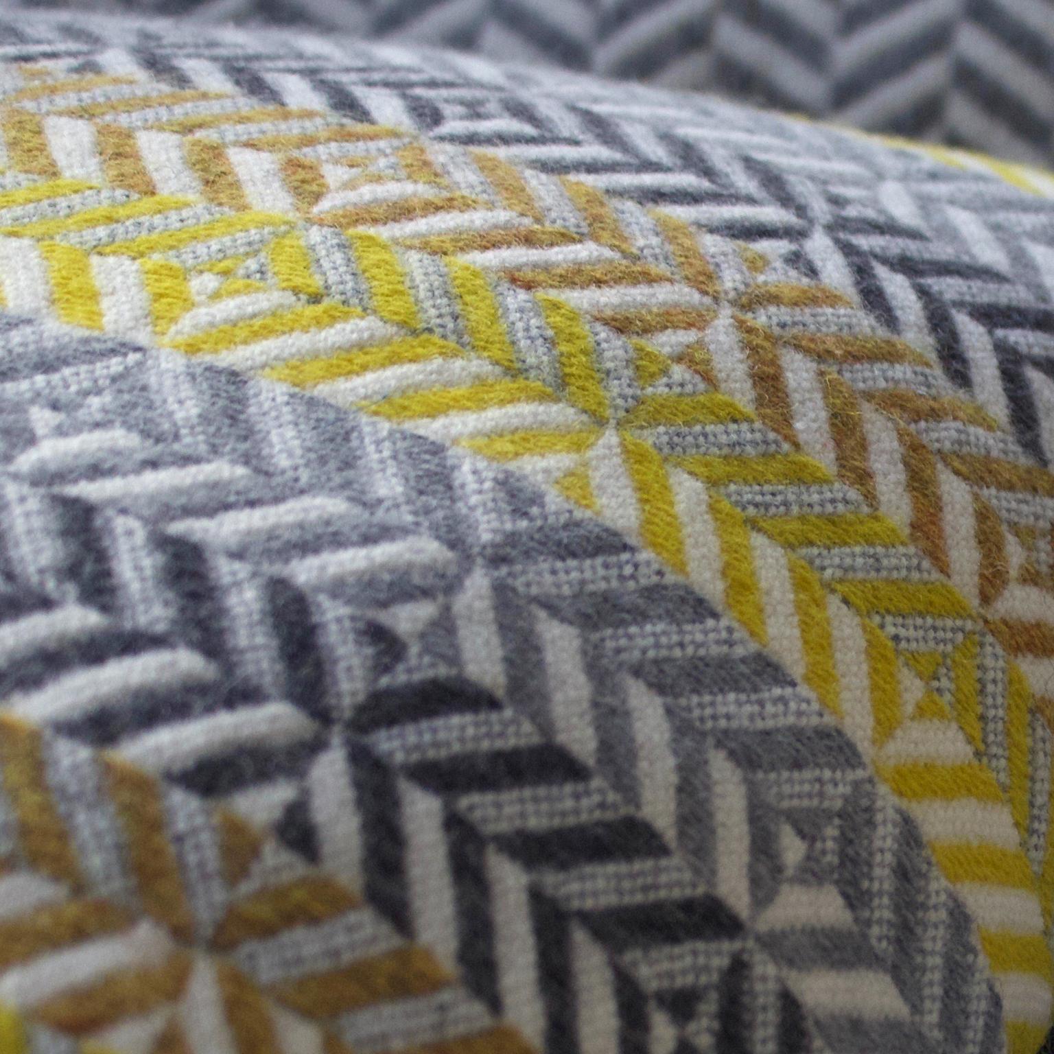 British  Handwoven 'Saint Gilles' Merino Wool Cushion Pillow, Piccalilli Yellow/Greys For Sale