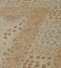 Handwoven Tabriz Style Wool Rug, Sandy-Yellow Field, Floral Design, India