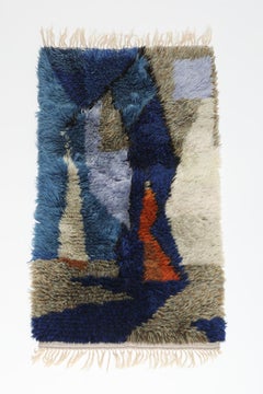 Handwoven Scandinavian Rya Wool Rug in Blue and Burnt Orange, 1970s