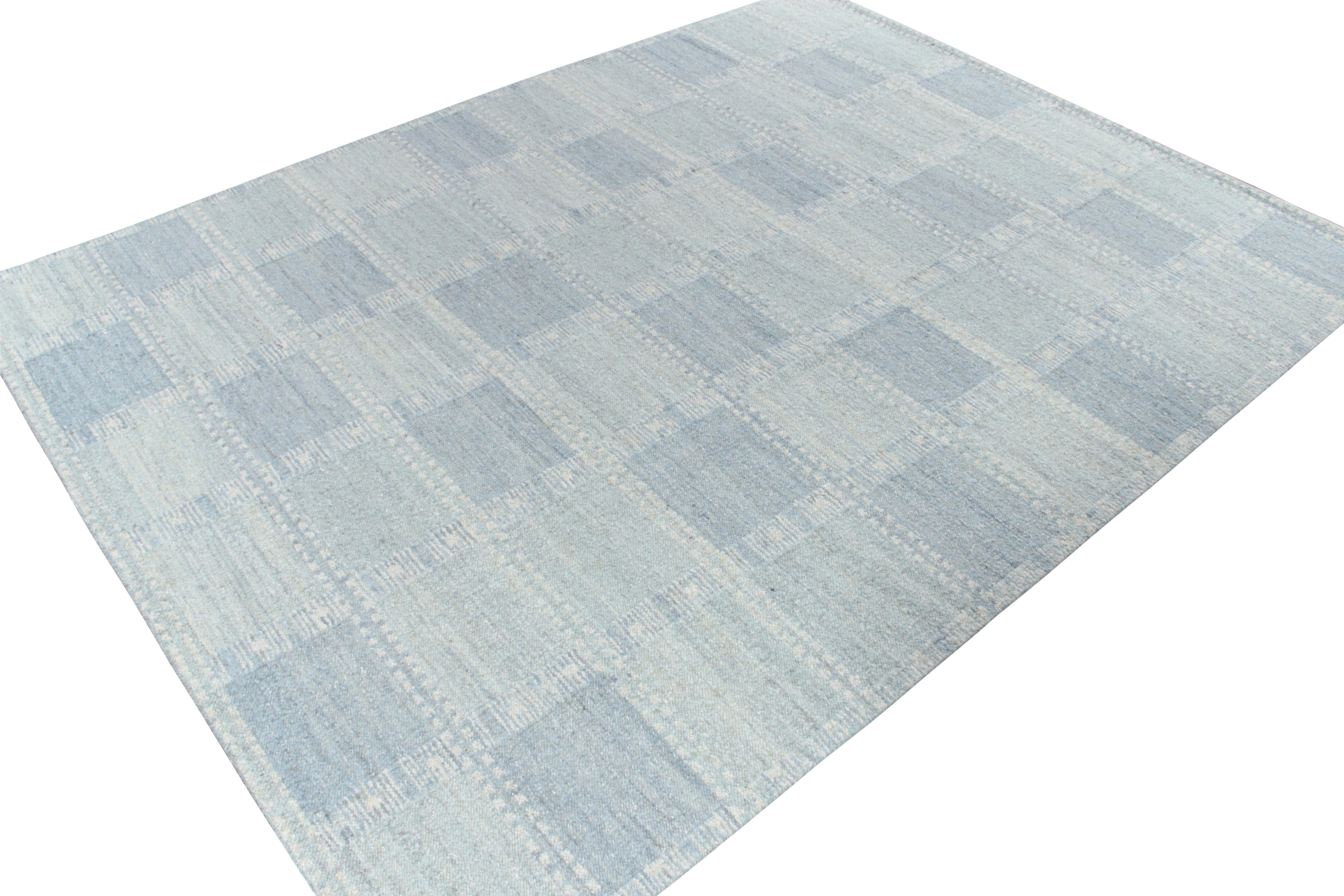Indian Handwoven Scandinavian Style flat weave in Blue Geometric Pattern by Rug & Kilim For Sale