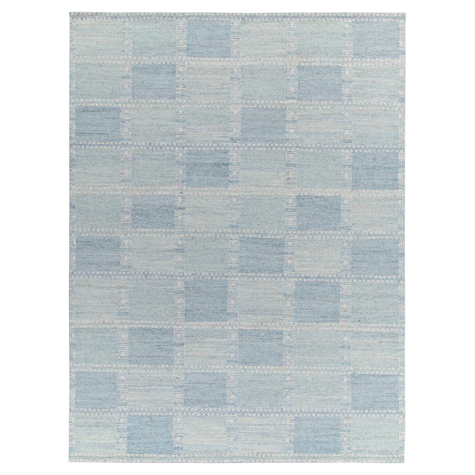 Tessuto a mano in stile scandinavo a trama piatta con motivo geometrico blu di Rug & Kilim in vendita