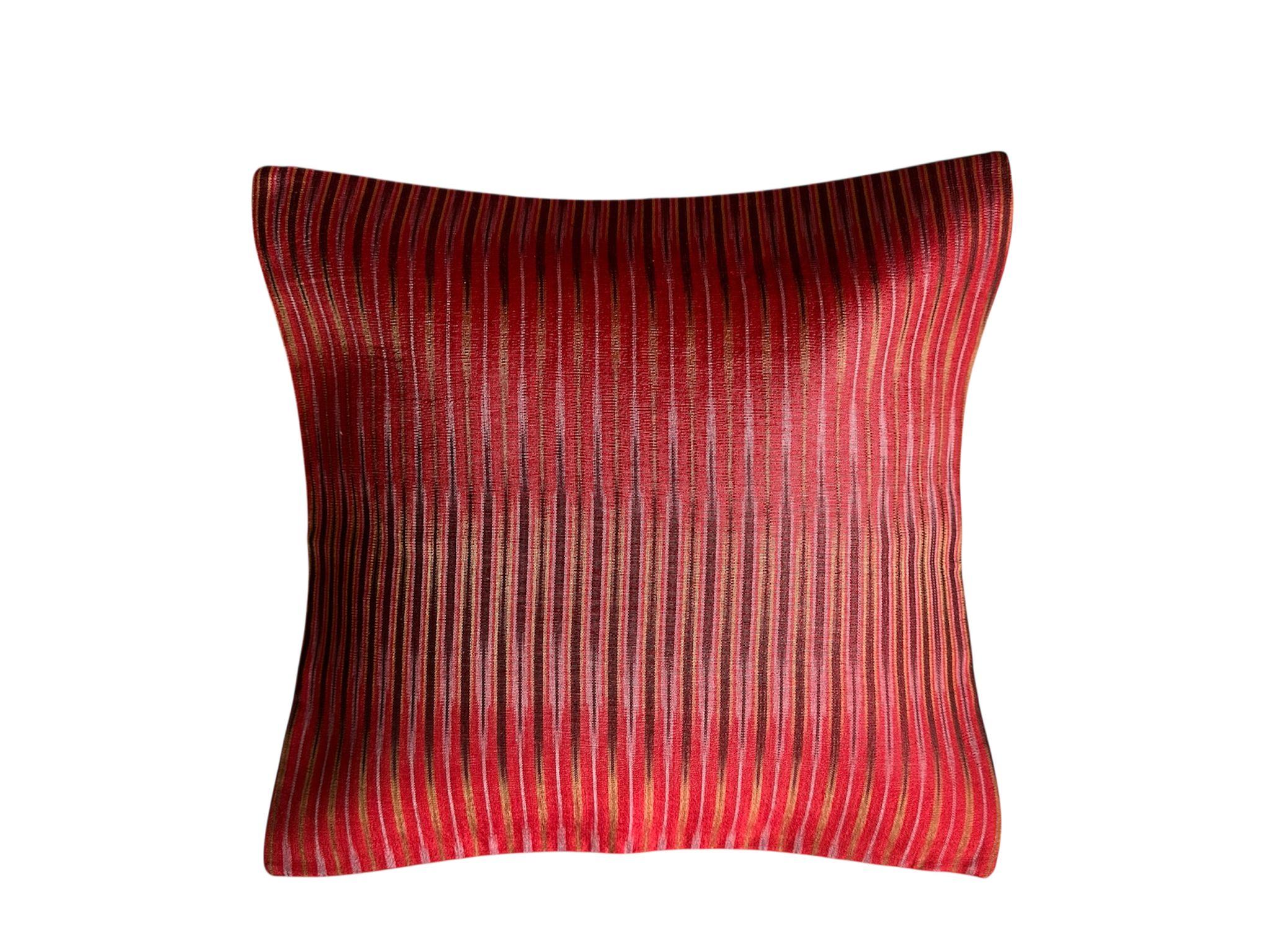 Modern Handwoven Silk Red Ikat Motif Cushion Set For Sale