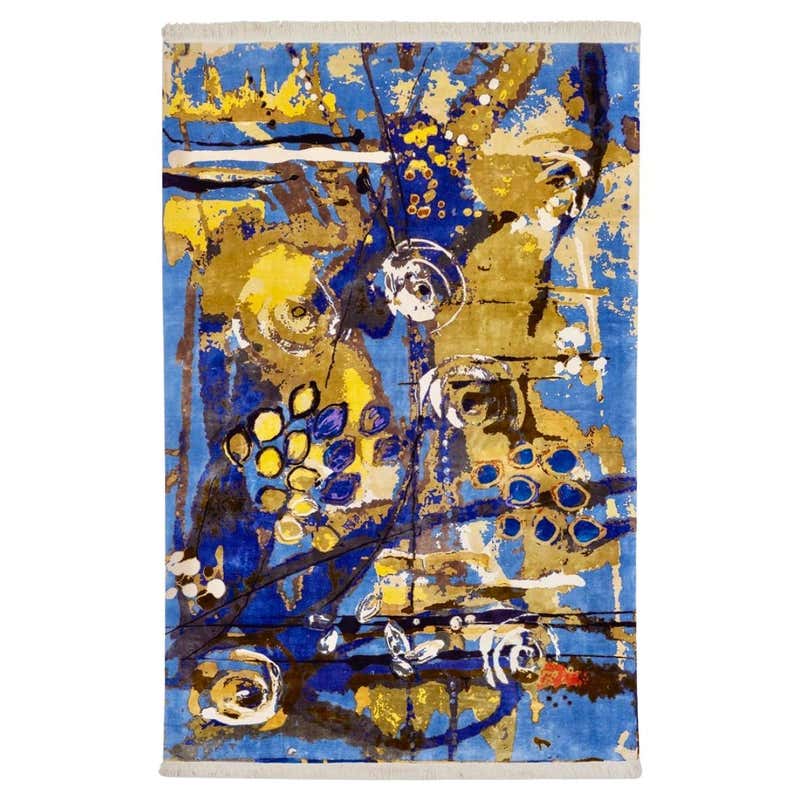 Peace: Designer blue Handwoven silk rug by Dena Lawrence woven in ...