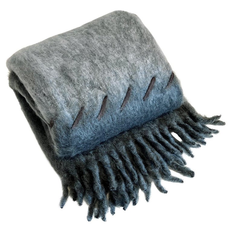 Handwoven Soft Mohair Blanket with Suede Stitch in Navy and Ice Blue