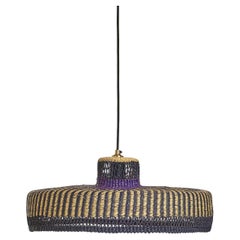 Handwoven Straw Contemporary Flat Pendant Lamp with Stripe Pattern and Purple 
