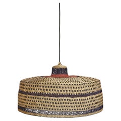 Handwoven Straw Contemporary Pendant Lamp with Dot Pattern and Terracotta Red 