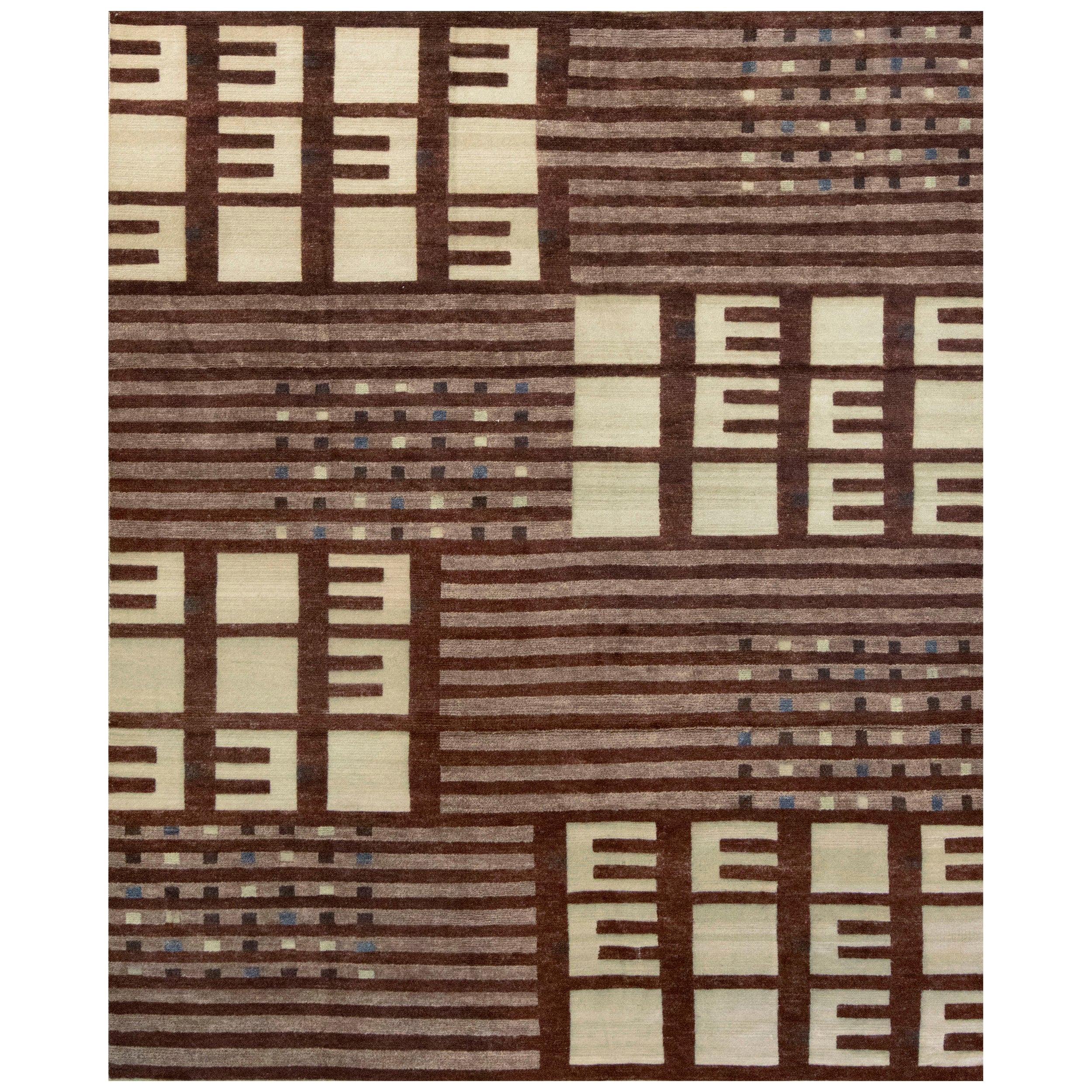 Handwoven Swedish Inspired Contemporary Wool Rug For Sale