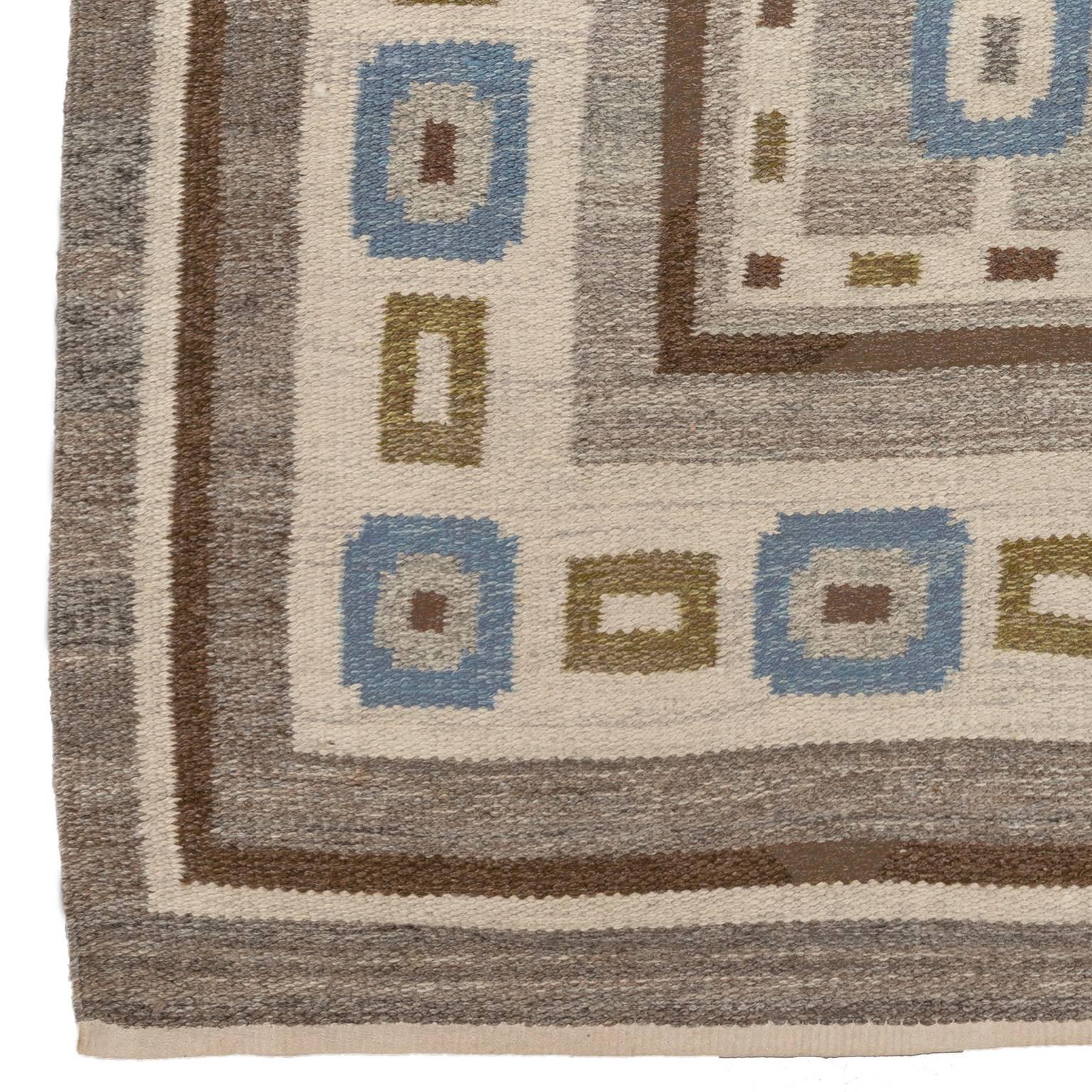 Scandinavian Modern Handwoven Swedish Wool rug in Flat-Weave signed V.J.