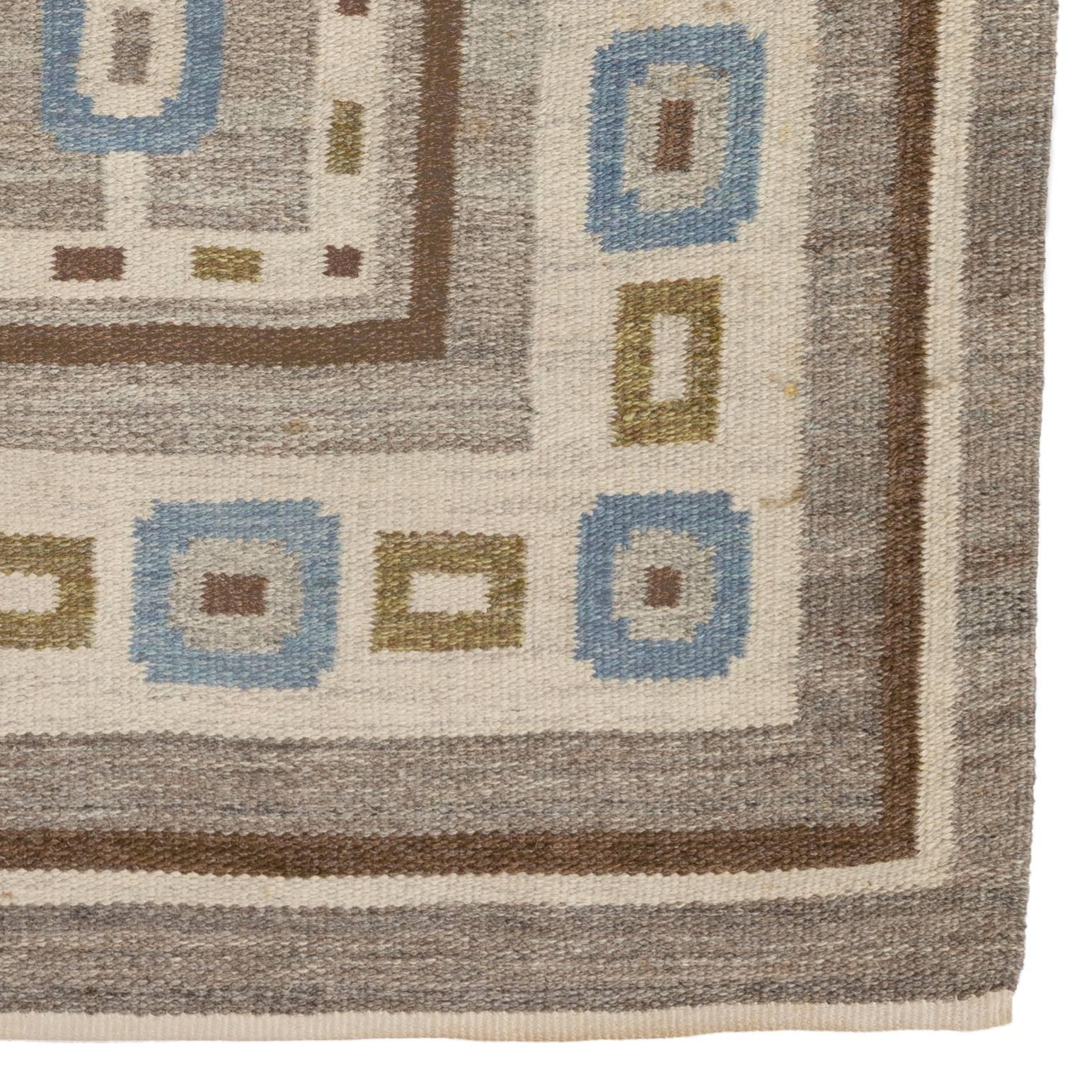 Hand-Woven Handwoven Swedish Wool rug in Flat-Weave signed V.J.