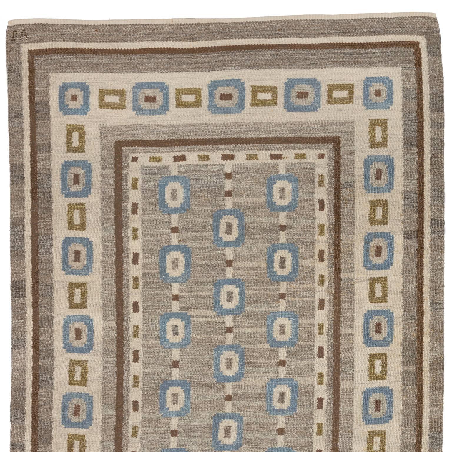 Handwoven Swedish Wool rug in Flat-Weave signed V.J. 1