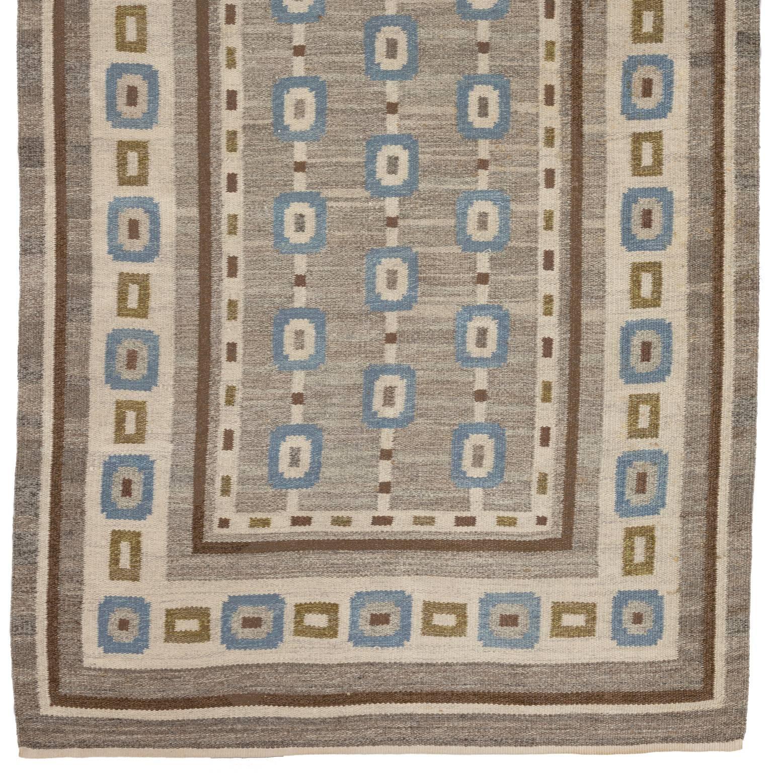 Handwoven Swedish Wool rug in Flat-Weave signed V.J. 2