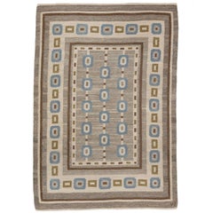 Vintage Handwoven Swedish Wool rug in Flat-Weave signed V.J.