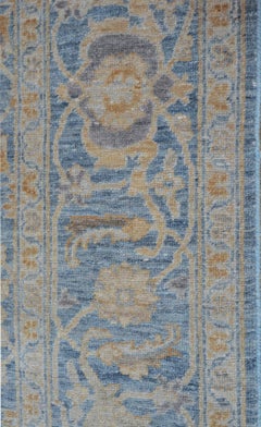 New Contemporary Wool Blue Floral Hand-woven Tabriz-Inspired Rug