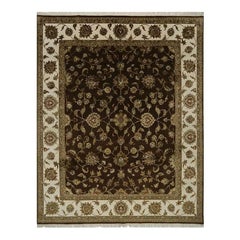 Handwoven Tabriz Style Area Rug, Wool & Silk, Brown, Floral Medallion, India