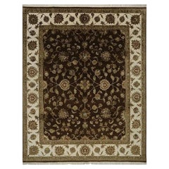 Handwoven Tabriz Style Area Rug, Wool & Silk, Brown, Floral Medallion, India