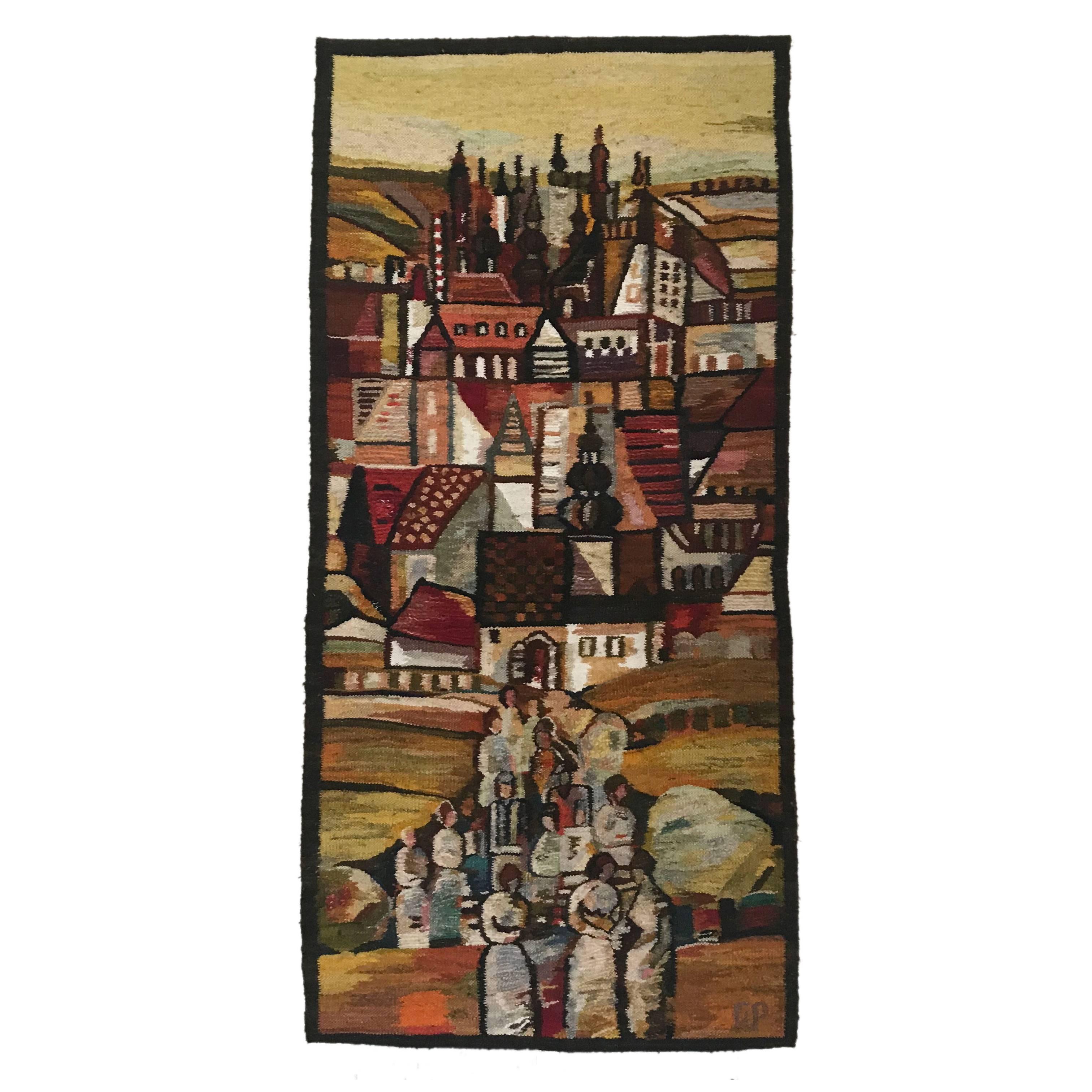 Mid-Century Modern Handwoven Tapestry Gobelin Towers by Piotr Grabowski for Cepelia Poland 1982 For Sale