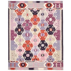 21st Century Handwoven Woolen Traditional Asian Modern Mixed Kilim Carpet, Pink