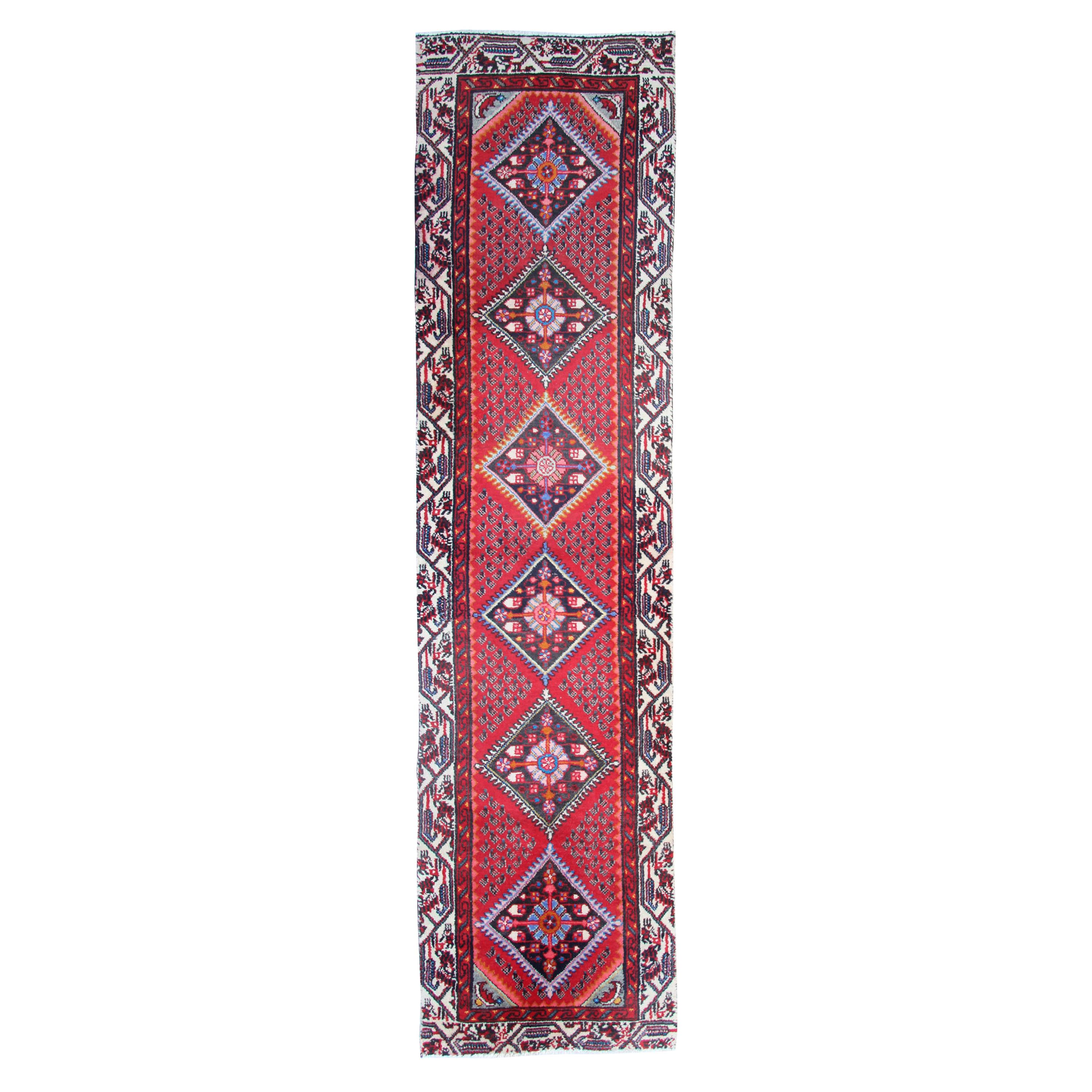 Handwoven Traditional Red Runner Rug, Long Vintage Tribal Wool Carpet For Sale