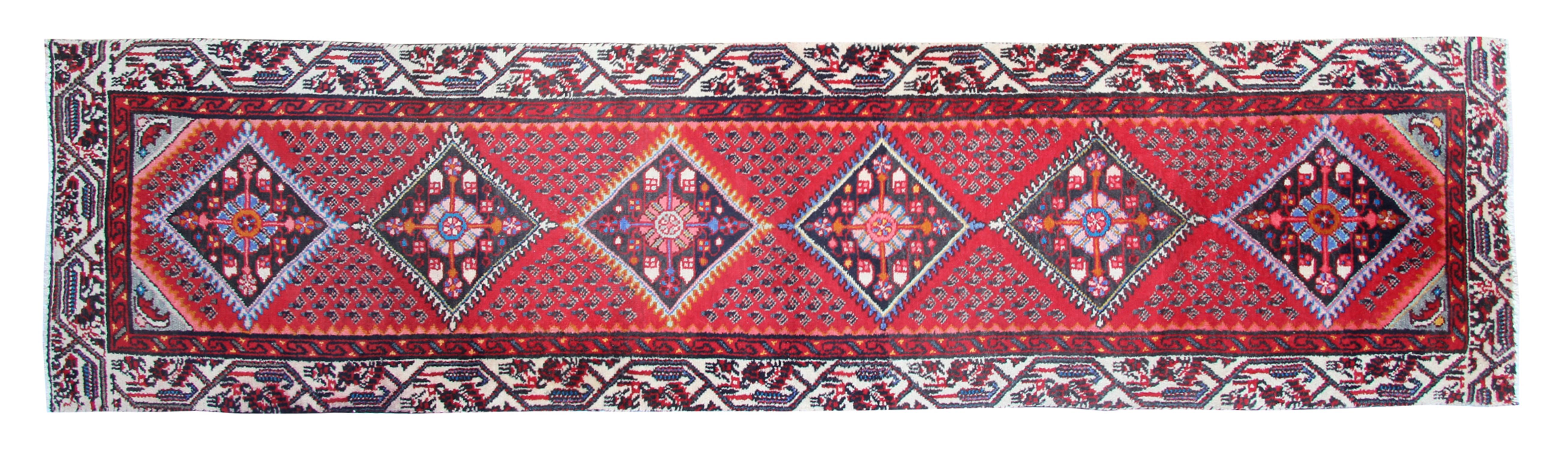 Hand-Knotted Handwoven Traditional Red Runner Rug, Long Vintage Tribal Wool Carpet For Sale