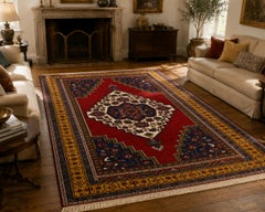 Alfombra turca de lana tejida a mano, 325 x 210 cm. Alfombra vintage grande con motivos geométricos en rojo y azul