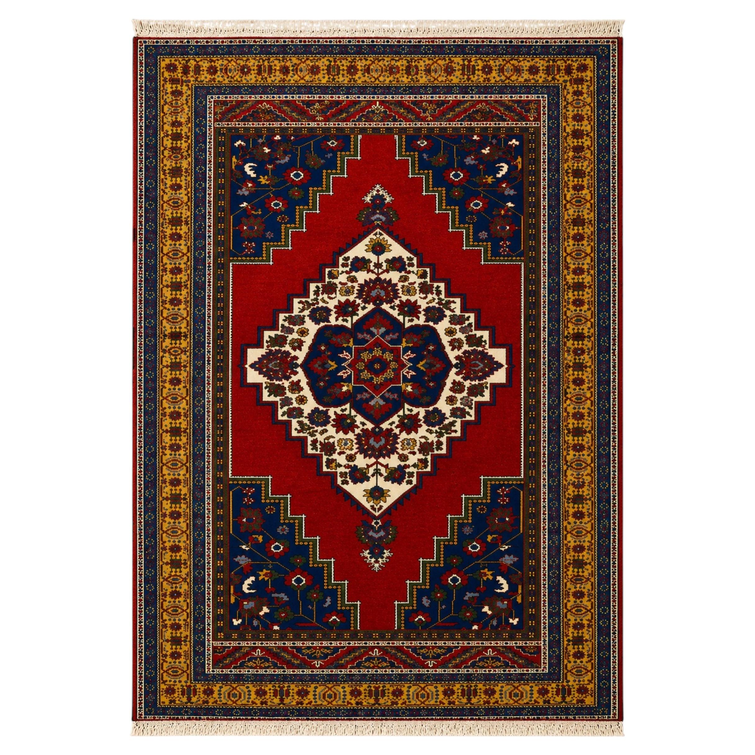 Handwoven Turkish Wool Rug 325 x 210 cm Large Vintage Red Blue Geometric Carpet