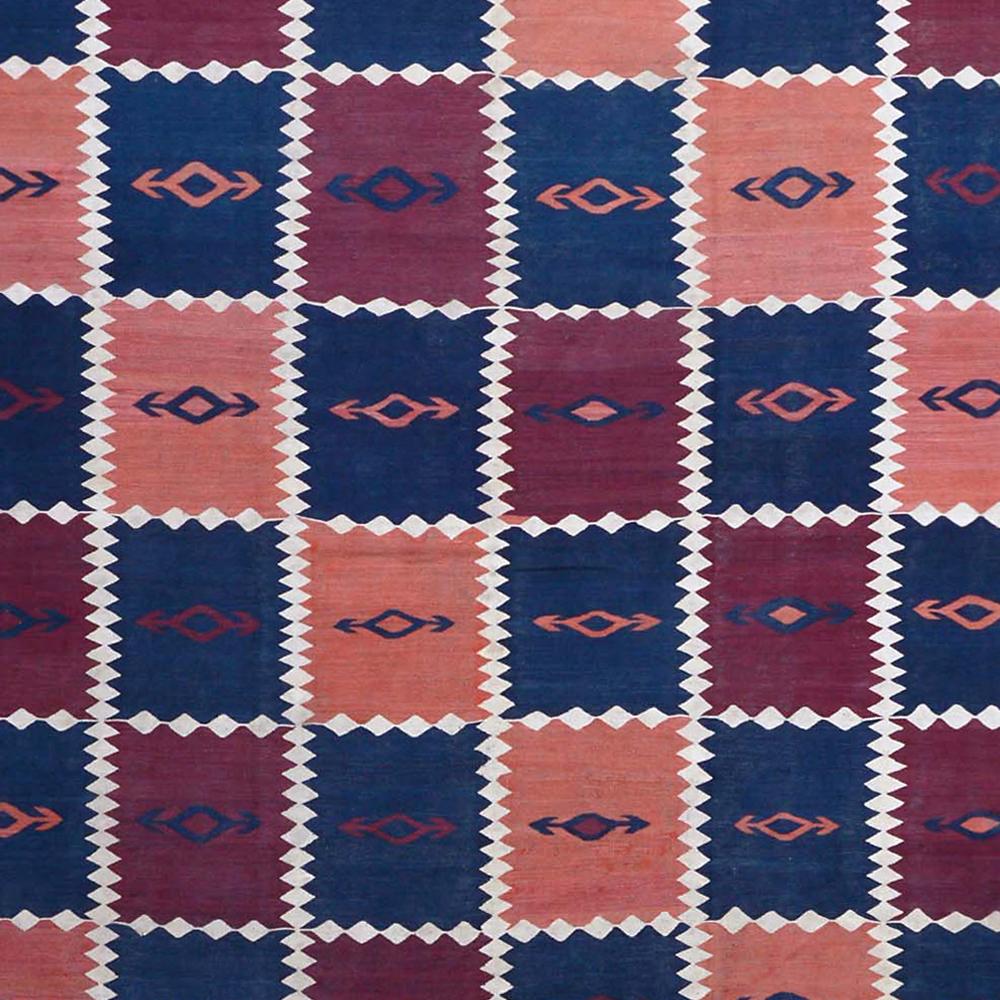 Asian End-20th Century Handwoven Checkered Blue Red Kilim Carpet For Sale