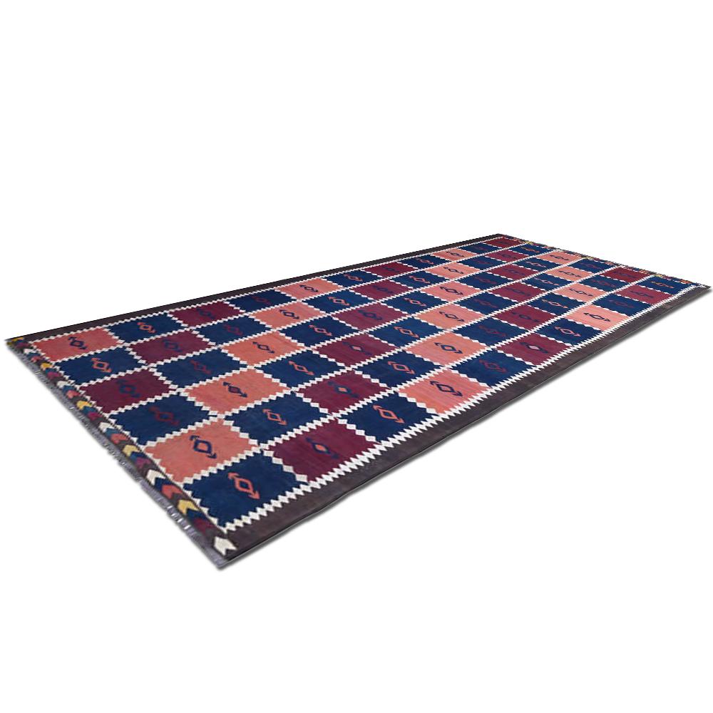 Woven End-20th Century Handwoven Checkered Blue Red Kilim Carpet For Sale