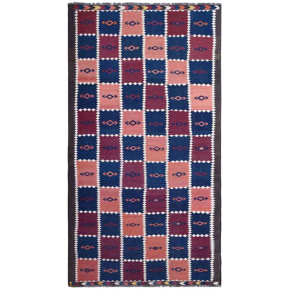End-20th Century Handwoven Checkered Blue Red Kilim Carpet For Sale