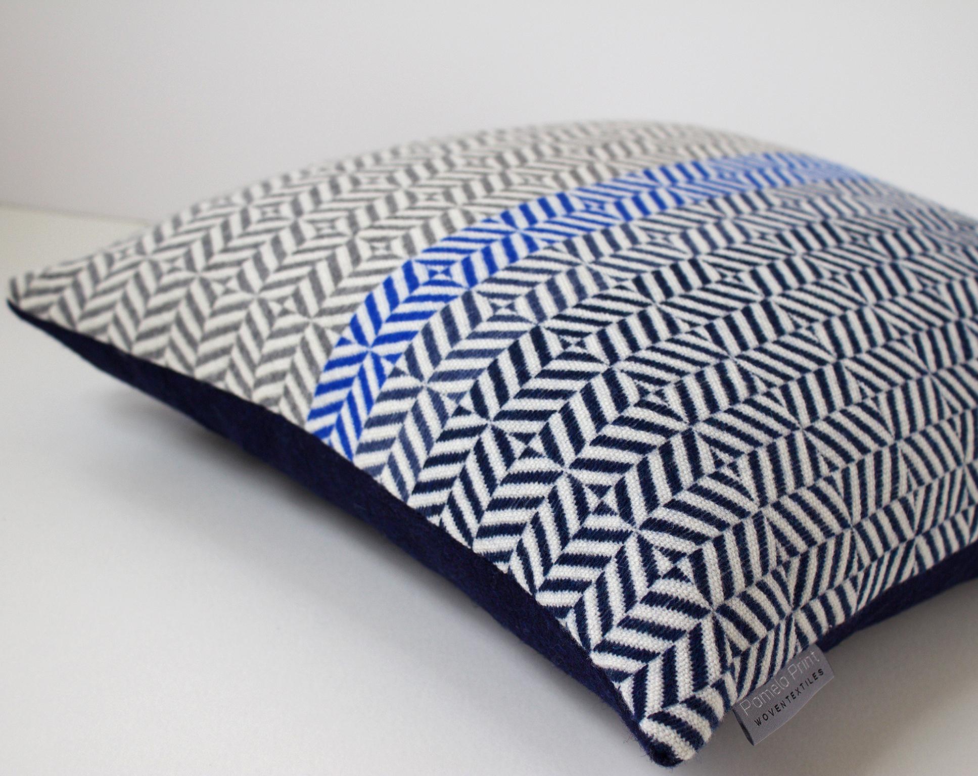 British Handwoven 'Uccle' Block Geometric Merino Wool Cushion Pillow, Grey/Blue/Indigo For Sale
