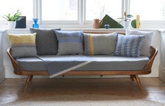 Handwoven Block Geometric Merino Wool Cushion Pillow, Grey Blue Indigo