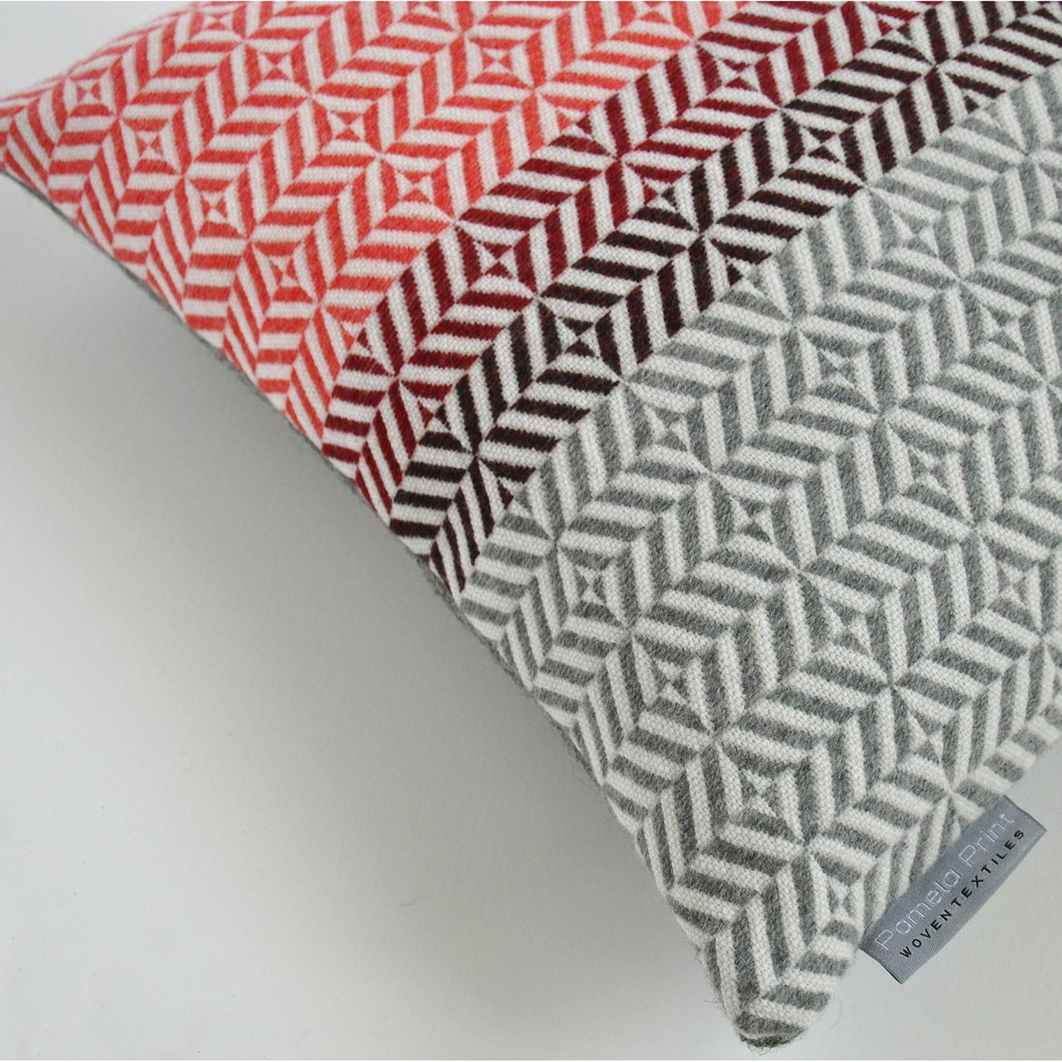 British Handwoven 'Uccle' Block Geometric Merino Wool Cushion Pillow, Papaya/Red/Grey For Sale
