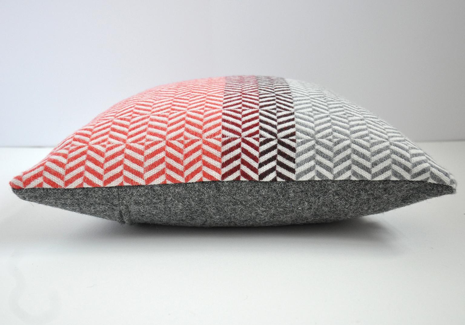 Hand-Woven Handwoven 'Uccle' Block Geometric Merino Wool Cushion Pillow, Papaya/Red/Grey For Sale