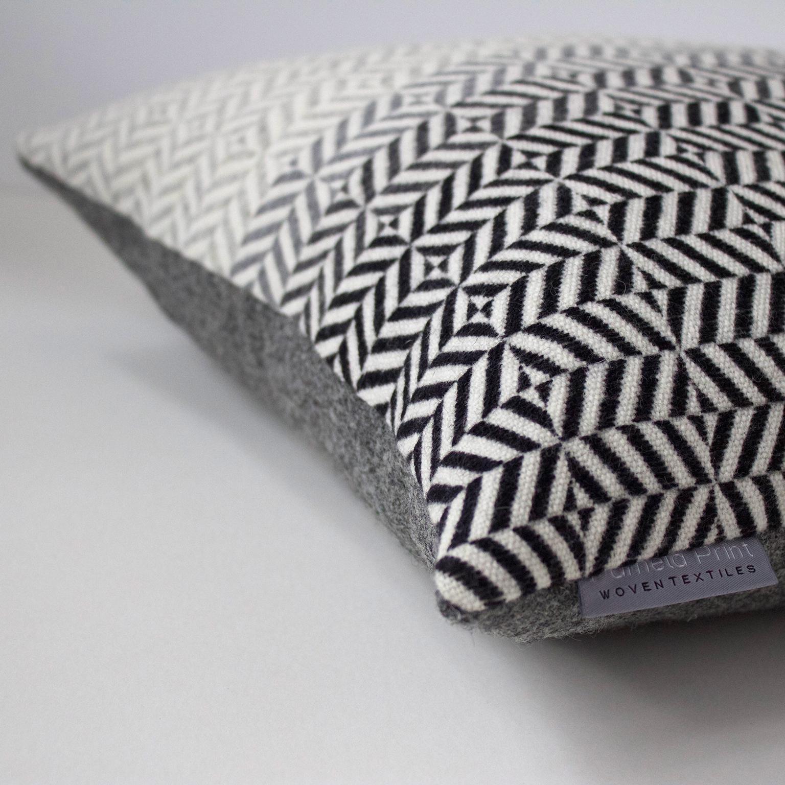 British Handwoven Block Geometric Merino Wool Cushion Pillow Grey Black Neutral For Sale