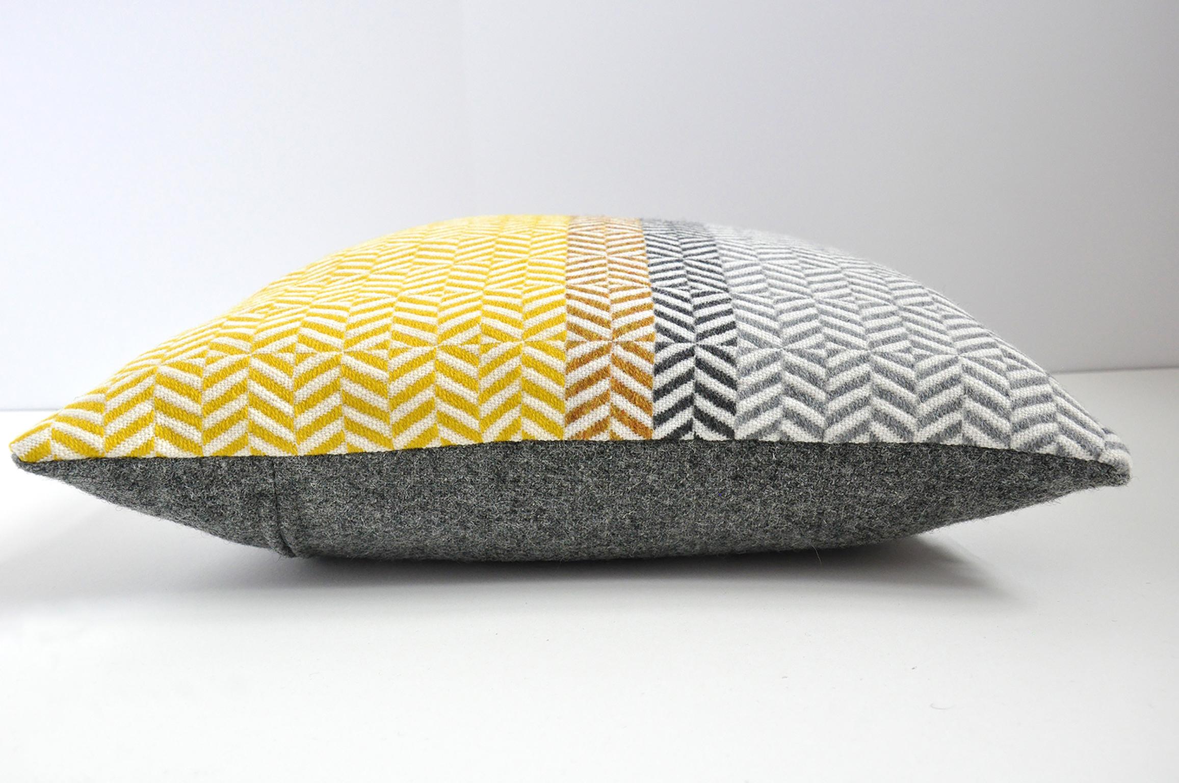 British Handwoven 'Uccle' Block Geometric Merino Wool Cushion Pillow, Piccalilli / Grey For Sale