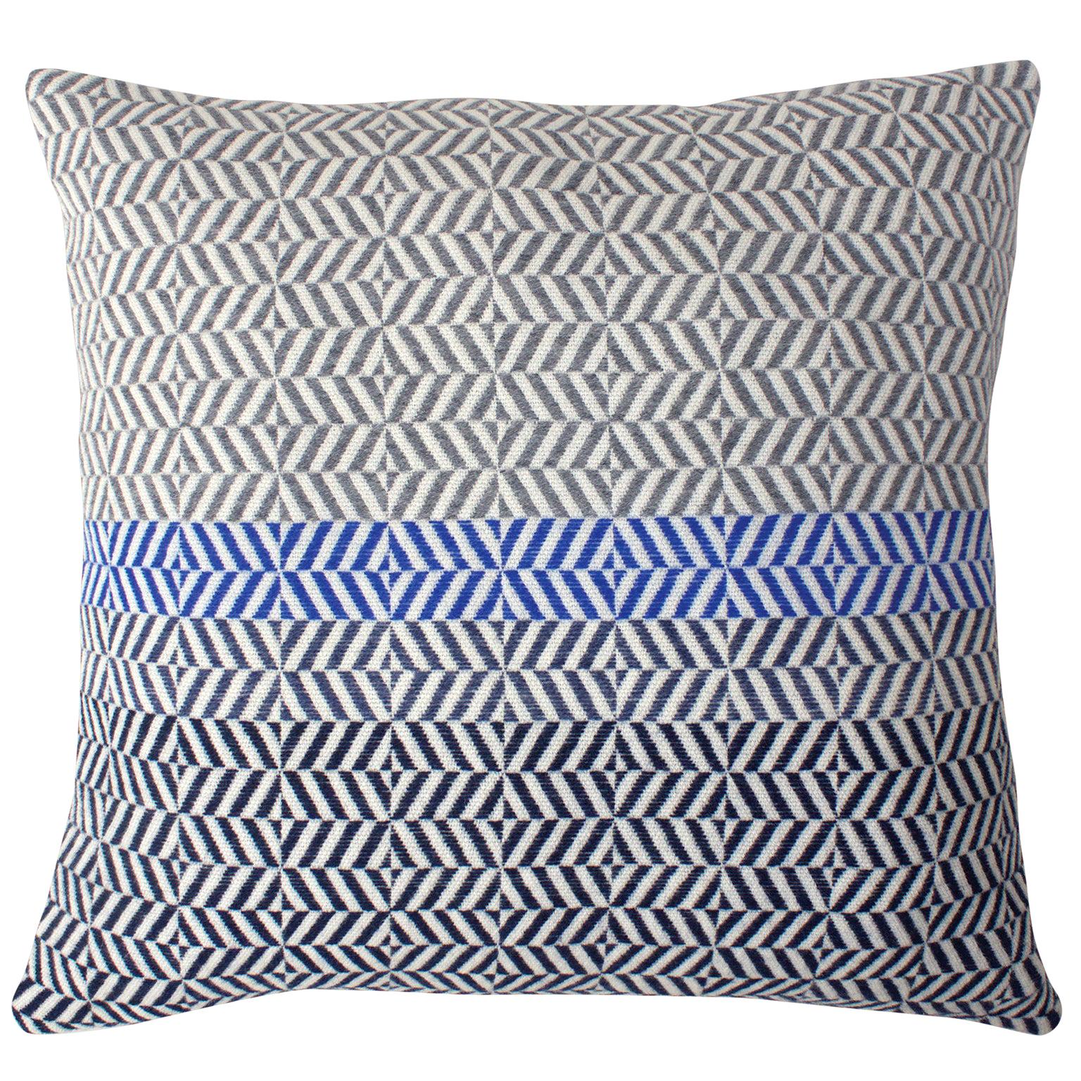 Handwoven 'Uccle' Block Geometric Merino Wool Cushion Pillow, Grey/Blue/Indigo