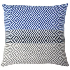 Handwoven 'Uccle' Block Geometric Merino Wool Cushion Pillow, Indigo/Blue/Grey