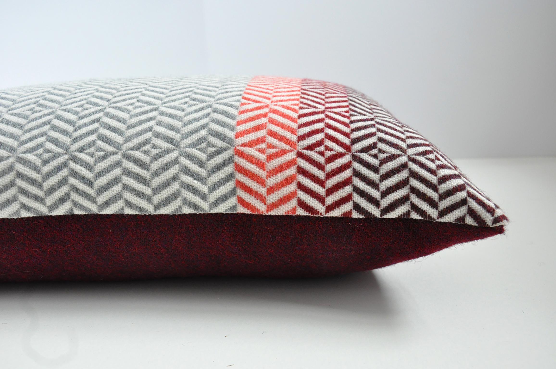 Mid-Century Modern Handwoven 'Uccle' Geometric Large Merino Wool Cushion Pillow, Papaya/Grey For Sale