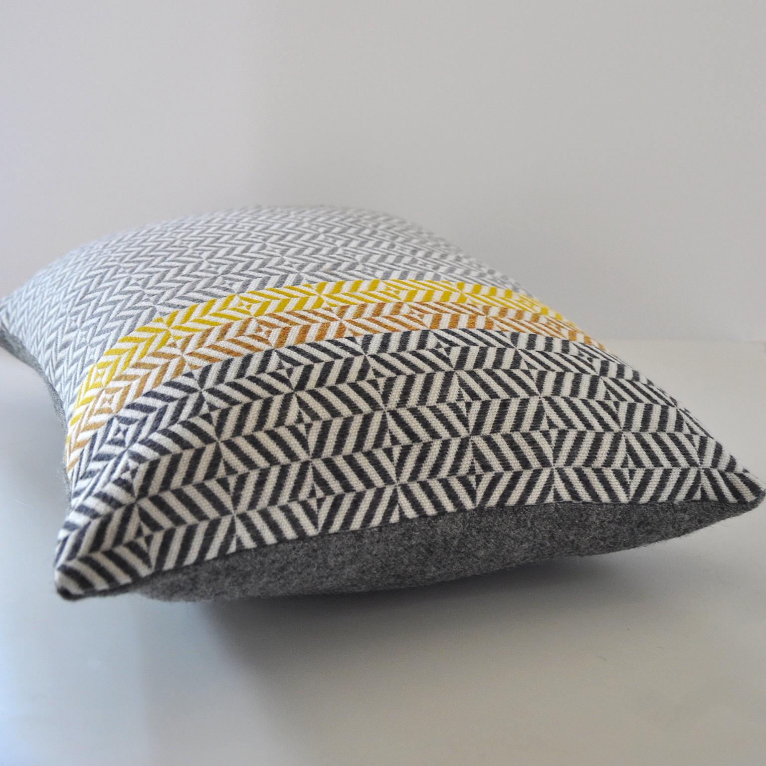 British  Handwoven 'Uccle' Geometric Large Merino Wool Cushion Pillow, Piccalilli/Greys For Sale