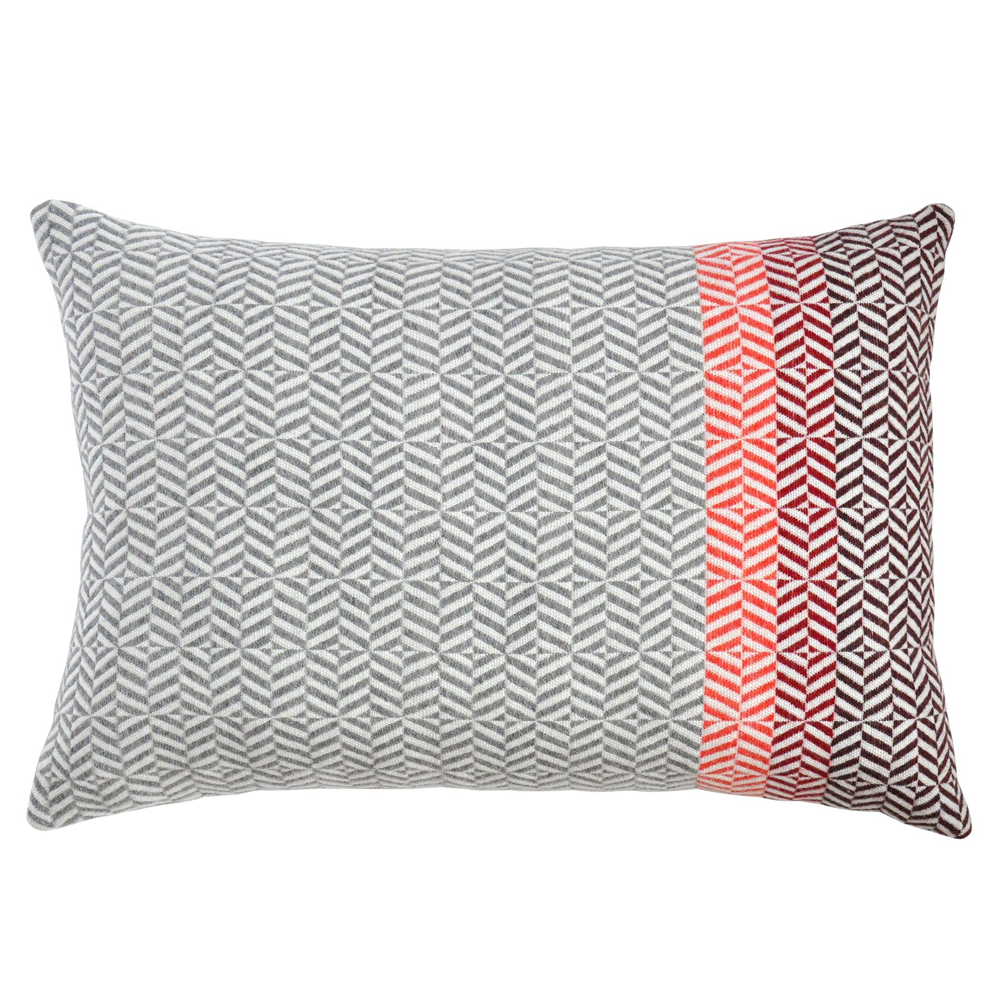 Handwoven 'Uccle' Geometric Large Merino Wool Cushion Pillow, Papaya/Grey For Sale