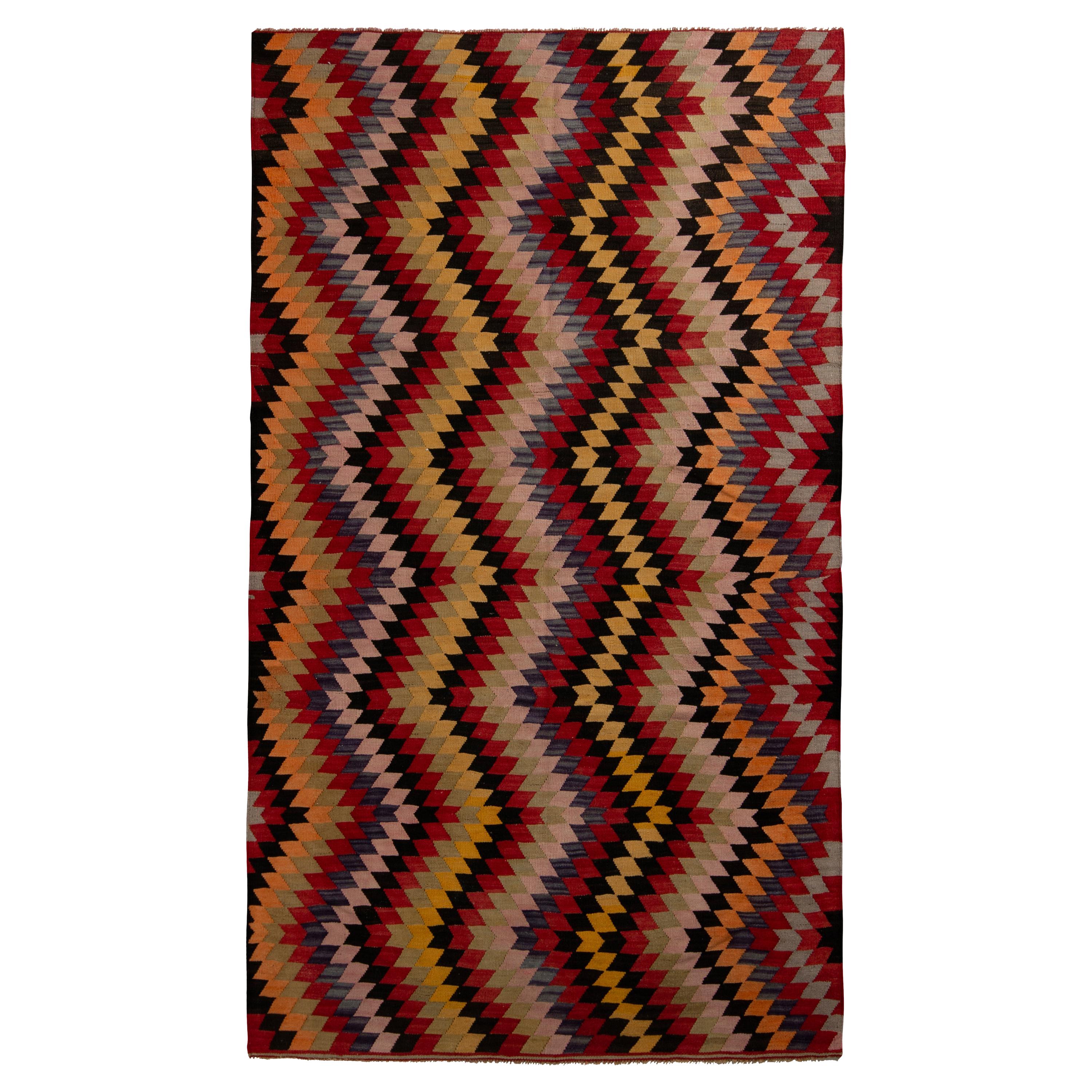 Vintage Afyon Kilim Rug in Red Multicolor Chevron Pattern by Rug & Kilim For Sale
