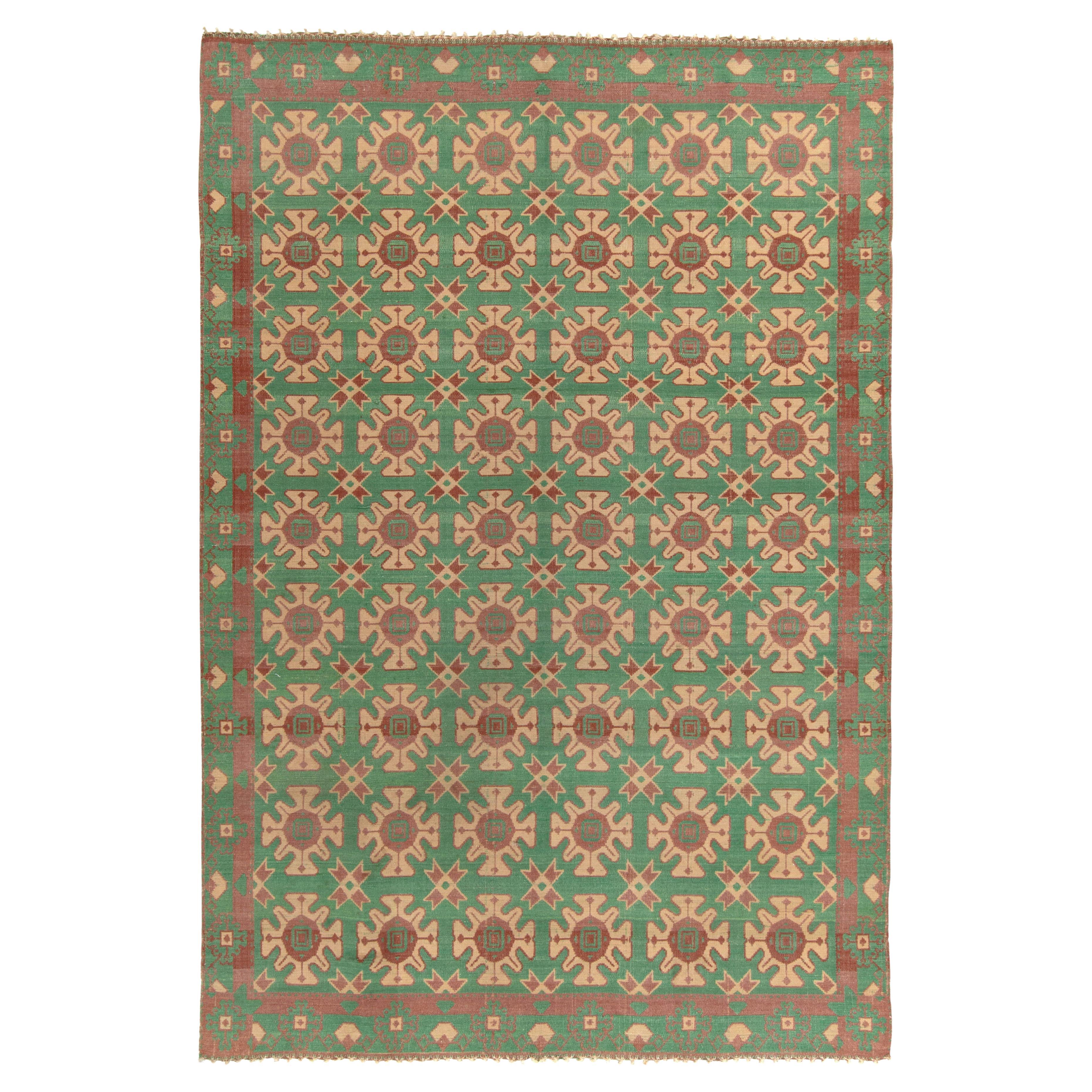 Handwoven Vintage Kilim Rug in Beige, Green Geometric Pattern by Rug & Kilim For Sale