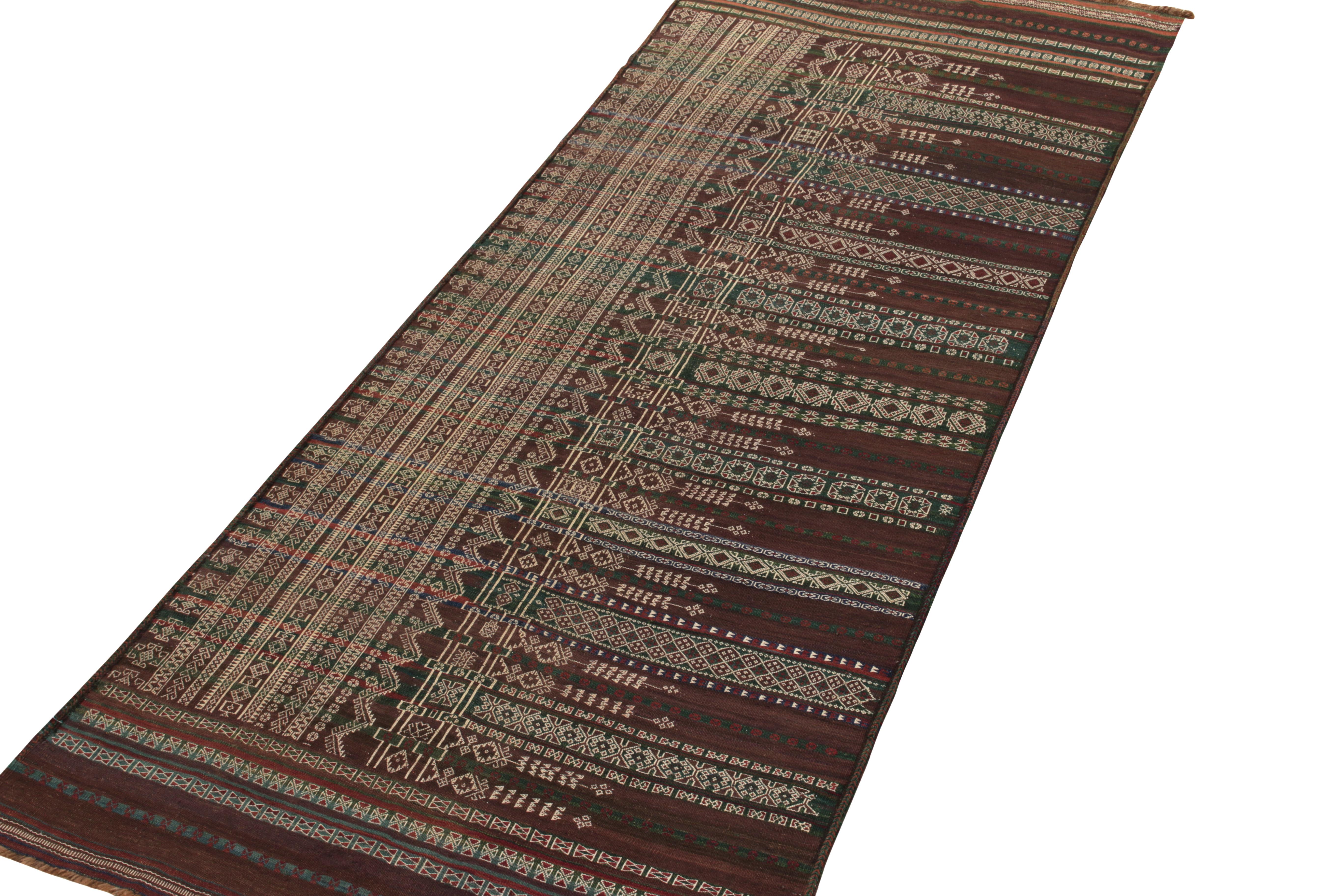 Tribal Vintage Baluch Kilim rug in Brown, White, Green Geometric Pattern by Rug & Kilim For Sale